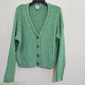 A NEW DAY size Medium Ribbed V Neck Knit‎ Button Down Cardigan Sweater Green